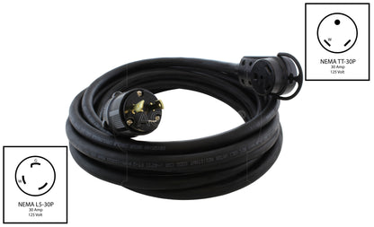 AC WORKS® [L530TT] 30A 125V NEMA L5-30P to RV 30A TT-30R Rubber Extension Cord with Handle