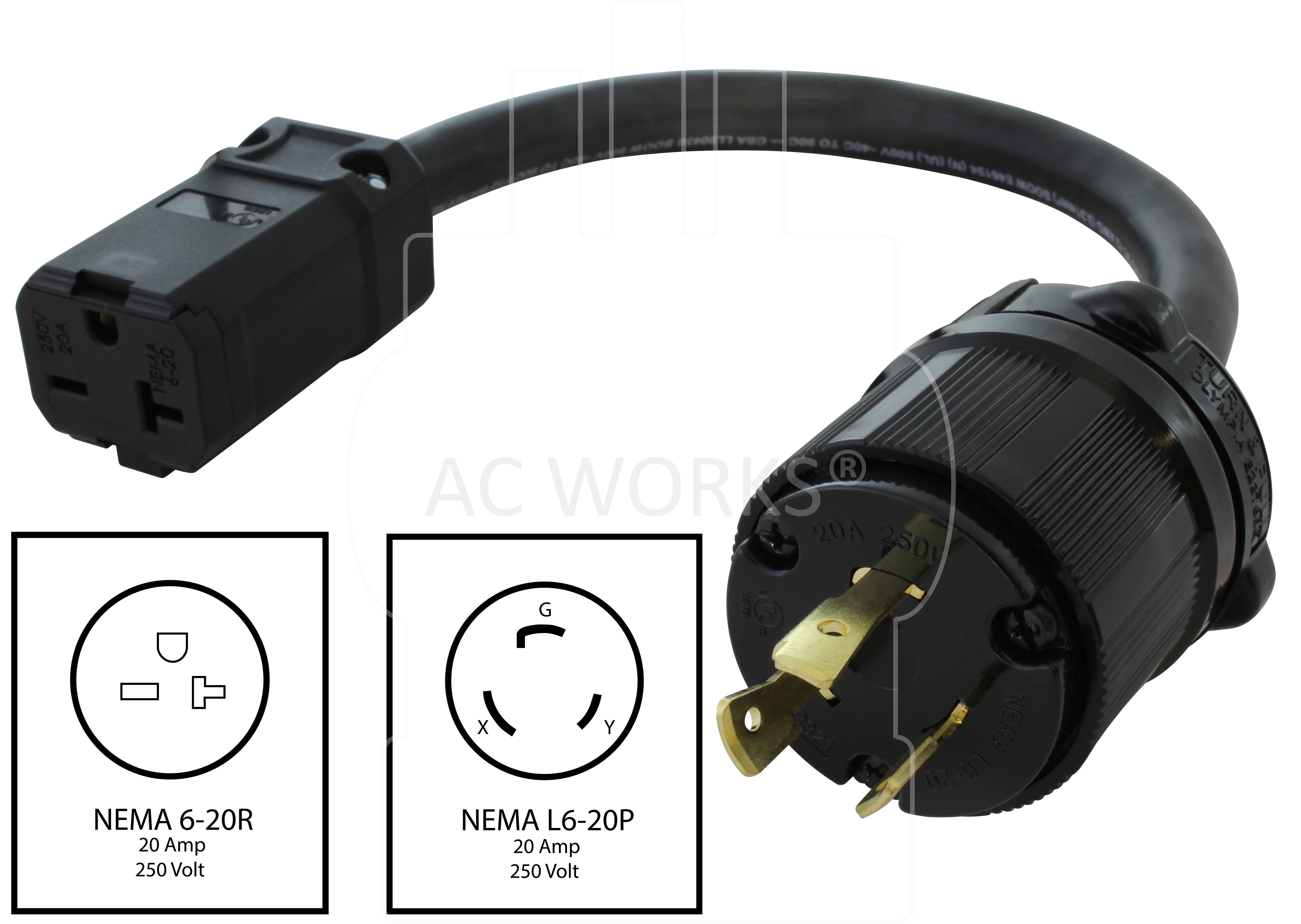 NEMA L6-20P to NEMA 6-20R 5000W adapter