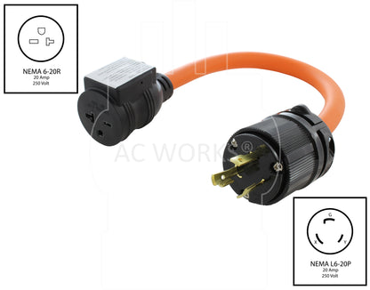 NEMA L6-20P to NEMA 6-20R, L620 male plug to 620 female connector, 20 amp 250 volt locking plug to 2 amp 250 volt female connector with circuit breaker