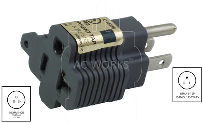 AC WORKS® [M515520-GY] 15 Amp to 20 Amp T-Blade Adapter UL,C-UL Approval