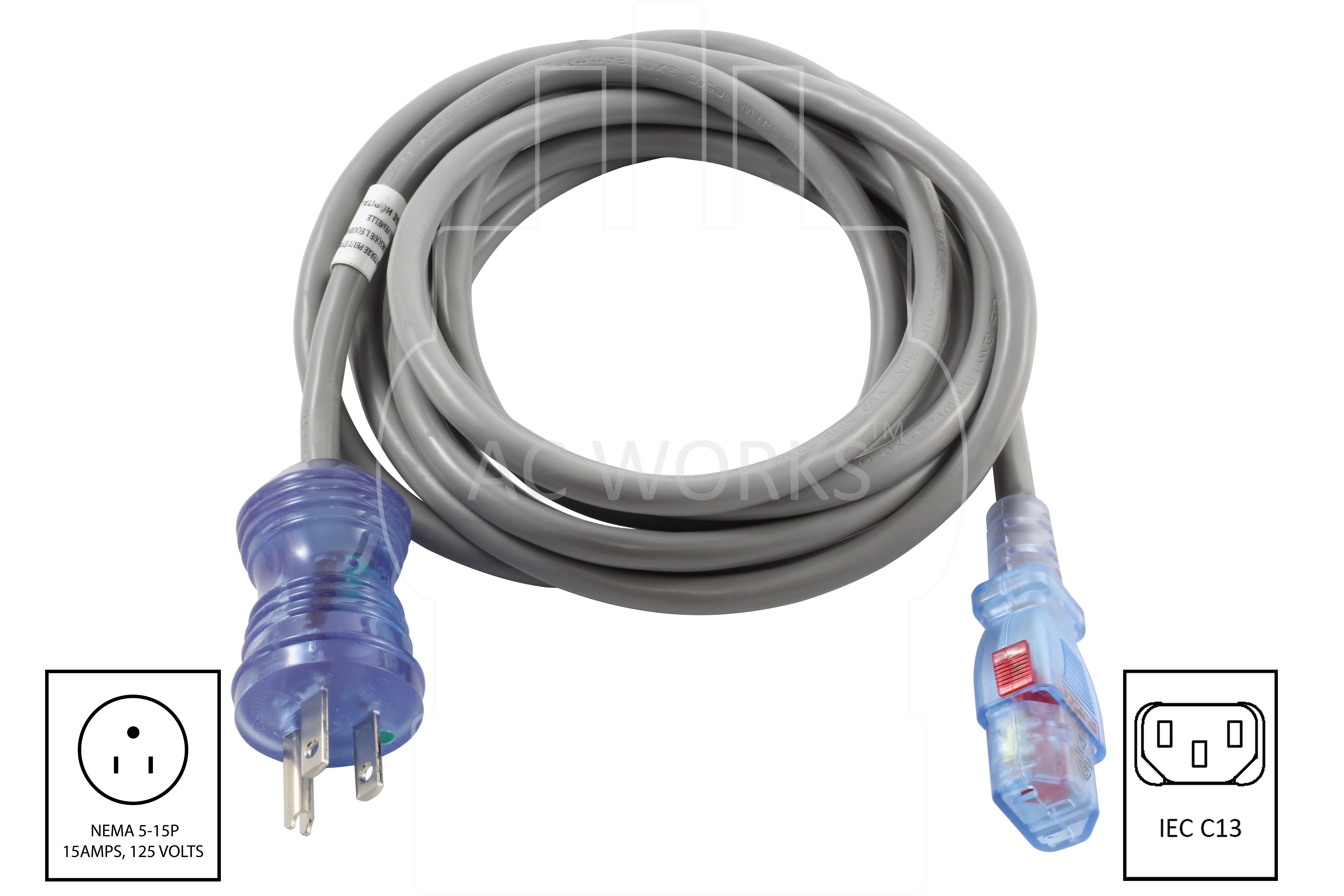 NEMA 5-15P to IEC C13 Medical Grade Power Cord by AC WORKS®