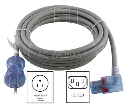 NEMA 5-15P to Locking Right Angle IEC C13 connector for hospital use