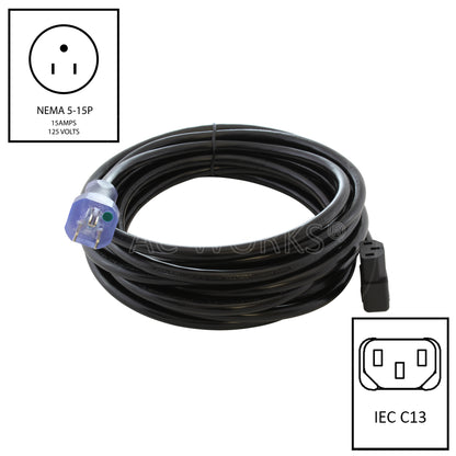 AC WORKS® [MD15ARC13-240BK] 20FT 14/3 15A Medical Grade Power Cord with Right Angle IEC C13