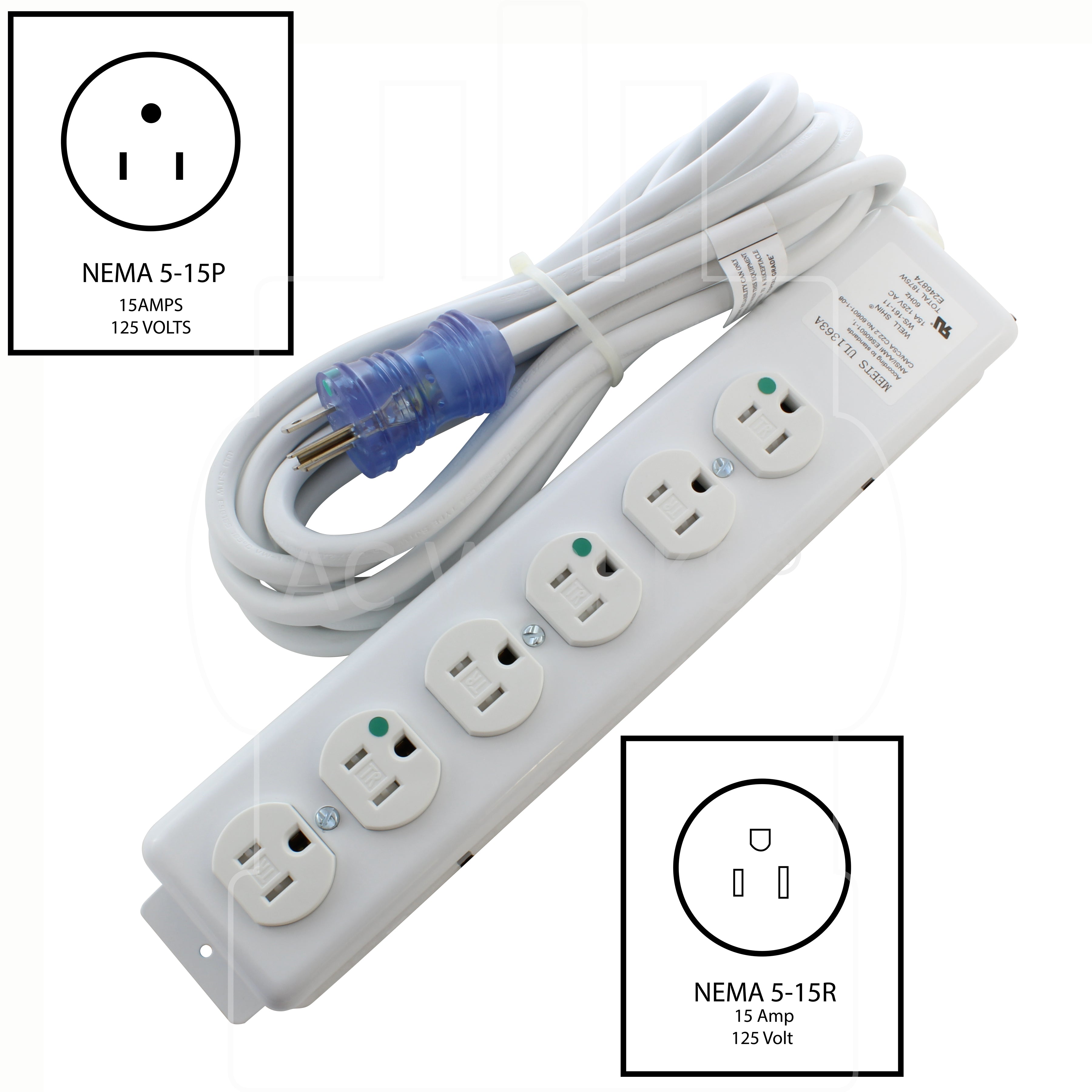 Medical grade NEMA 5-15 power strip, green dot NEMA 5-15 power strip