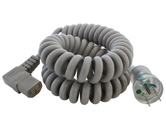 coiled medical grade power cord with right angle C13 connector