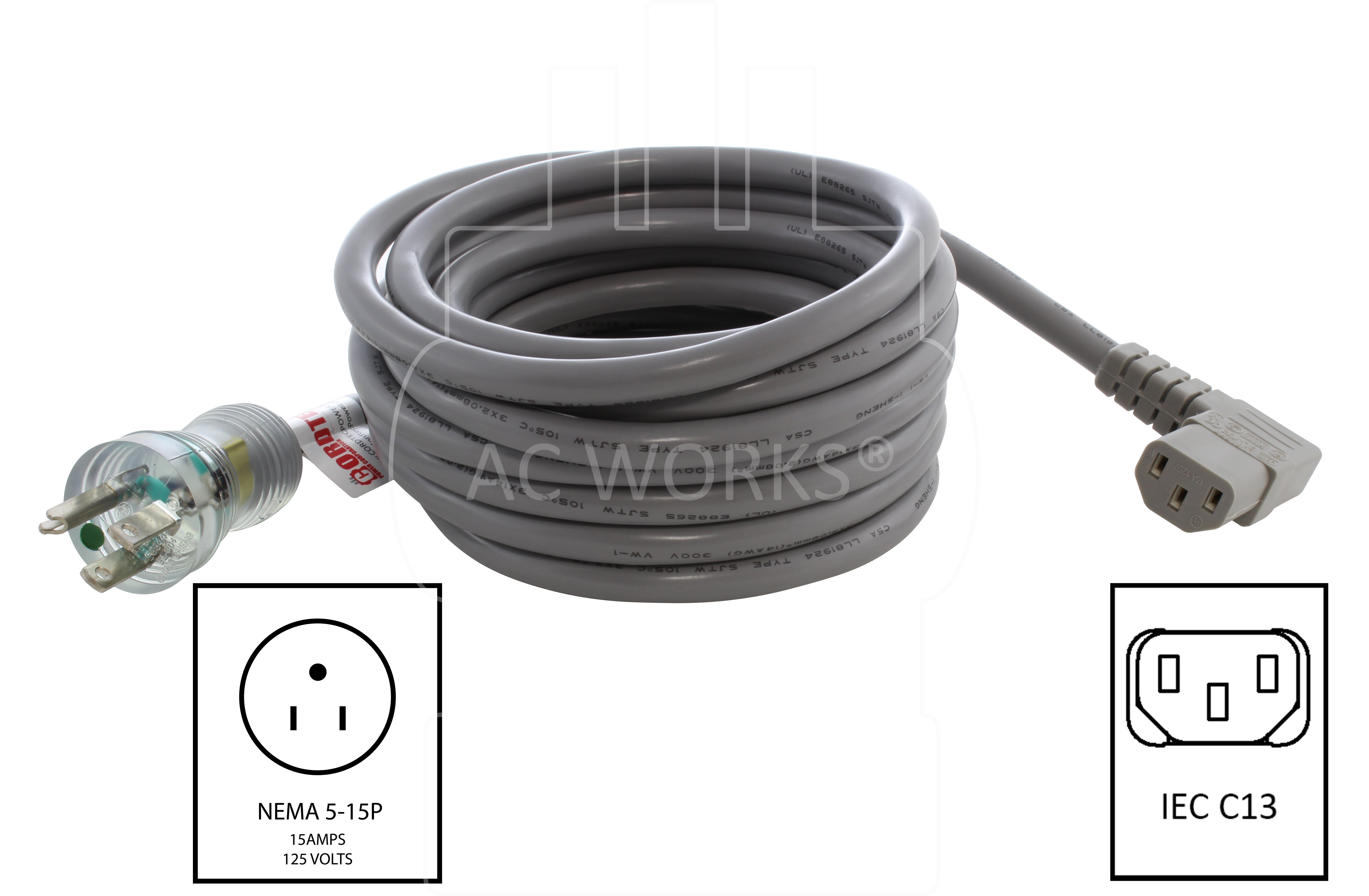 NEMA 5-15P to IEC C13, 515 male plug to C13 female connector, green dot household plug to left angle C13 connector