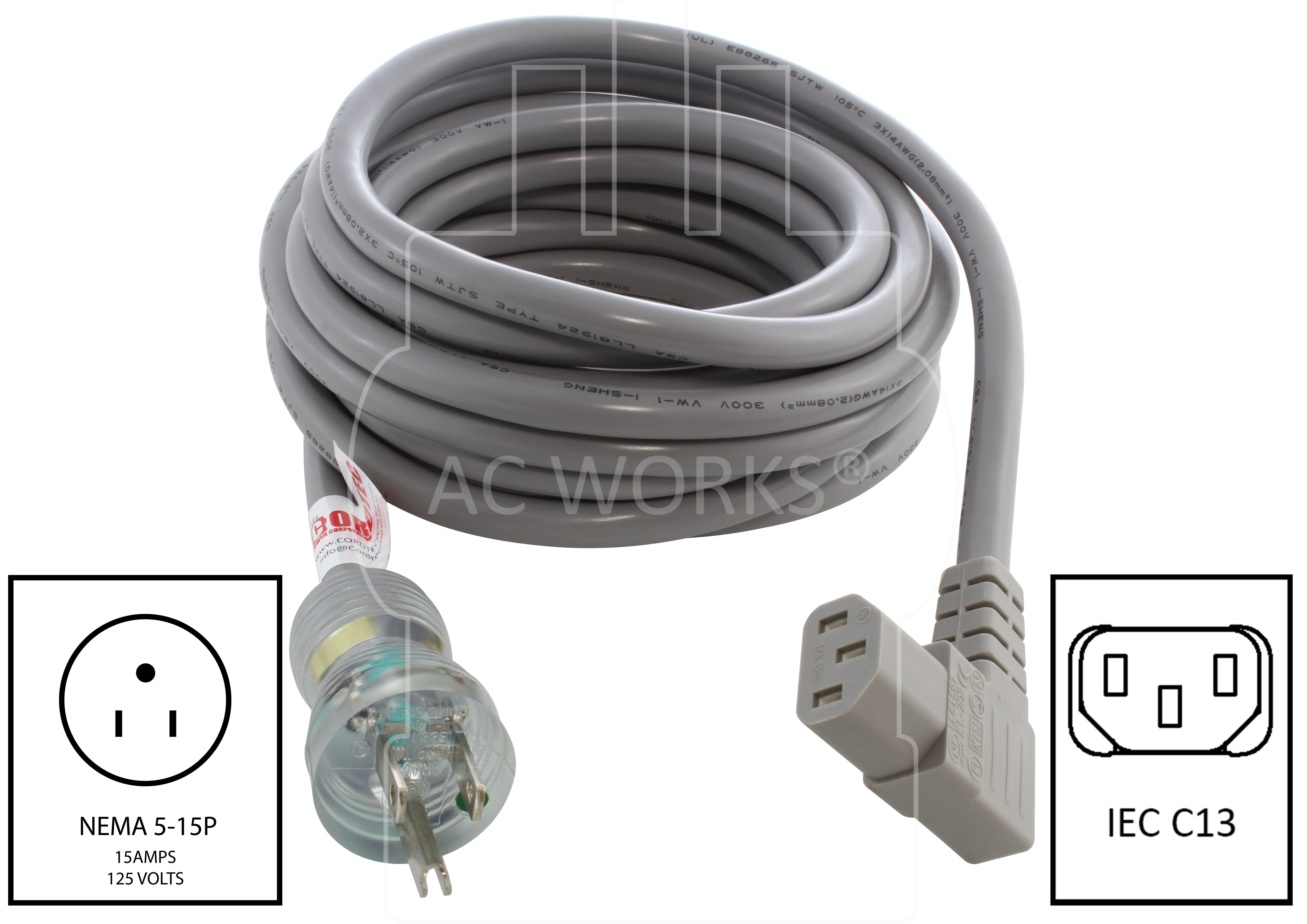 6ft 18/3 10A Medical Grade Power Cord with Right Angle IEC C13