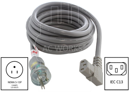 AC WORKS® [MD10ARC13-072] 6ft 18/3 10A Medical Grade Power Cord with Right Angle IEC C13 Connector