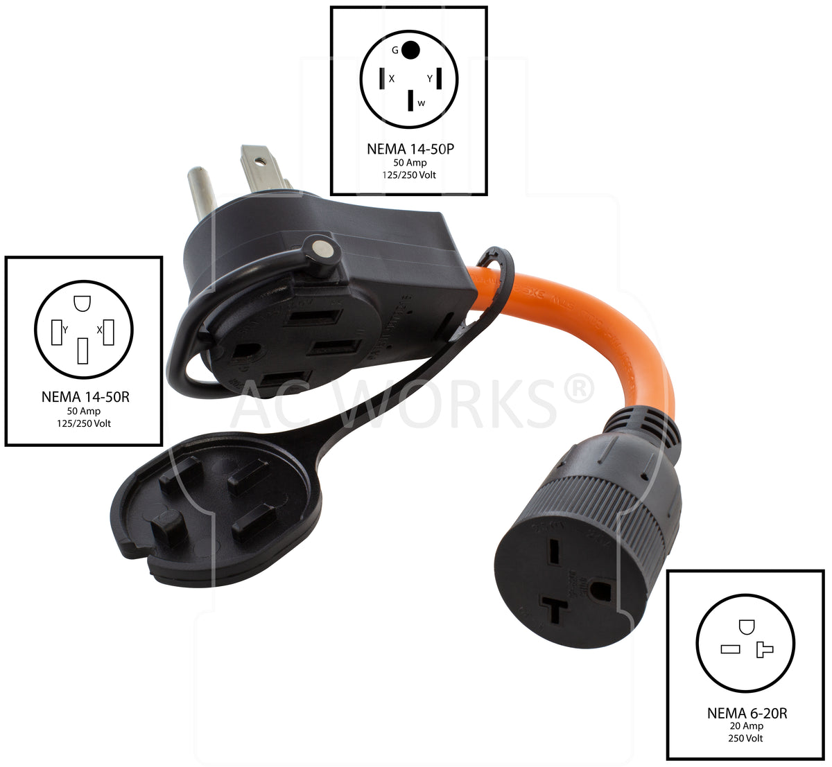 1FT 50A 14-50 Piggy-Back Plug with 6-20R HVAC Connector Adapter Cord ...