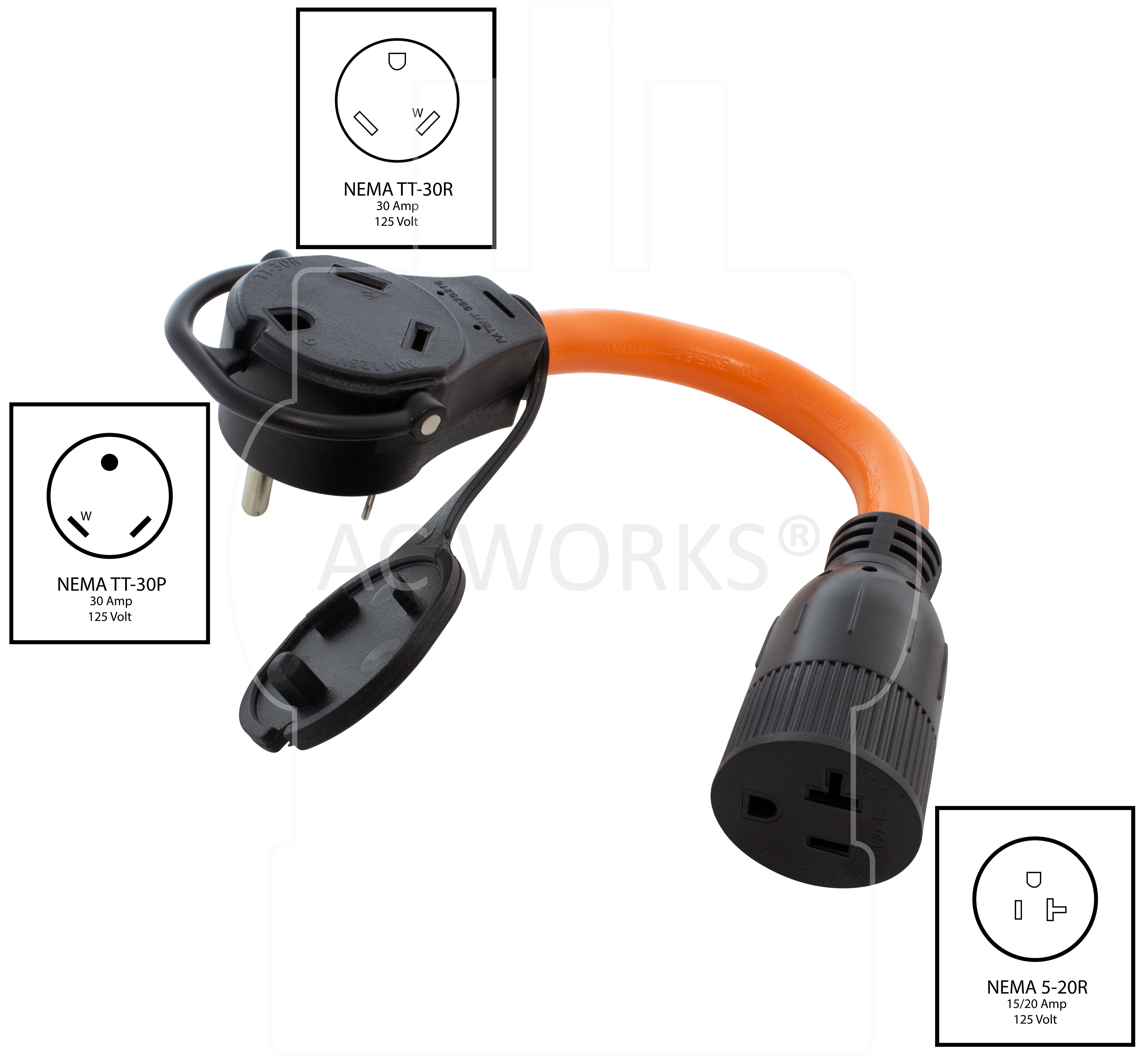 NEMA TT-30P and NEMA TT-30R to NEMA 5-20R adapter