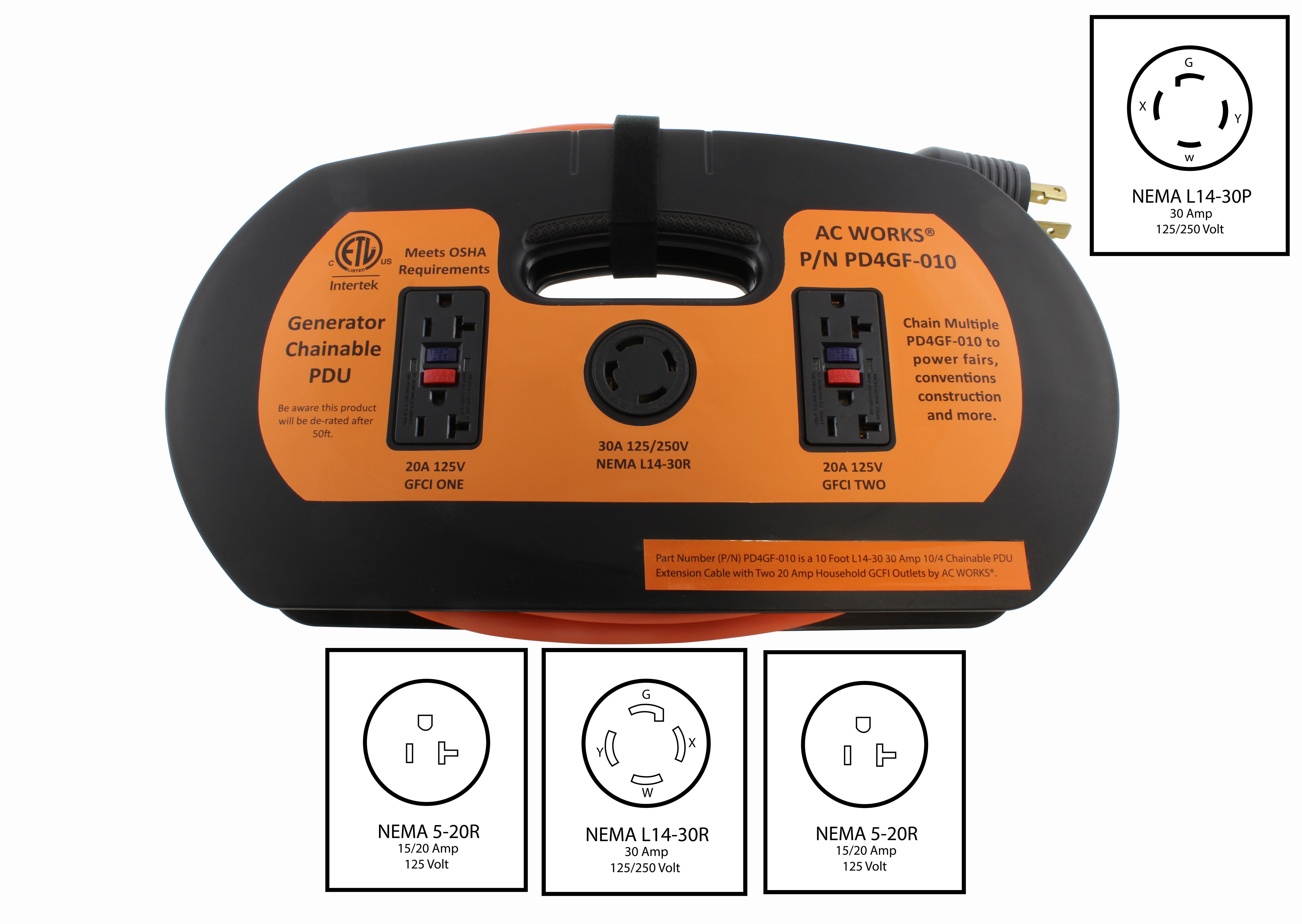 NEMA L14-30P generator extension cord with PDU, NEMA L14-30R and two NEMA 5-20R PDU, 4-prong 30 amp locking generator extension cord to power distributor with 4-prong locking generator outlet and two T-blade household GFCI outlets