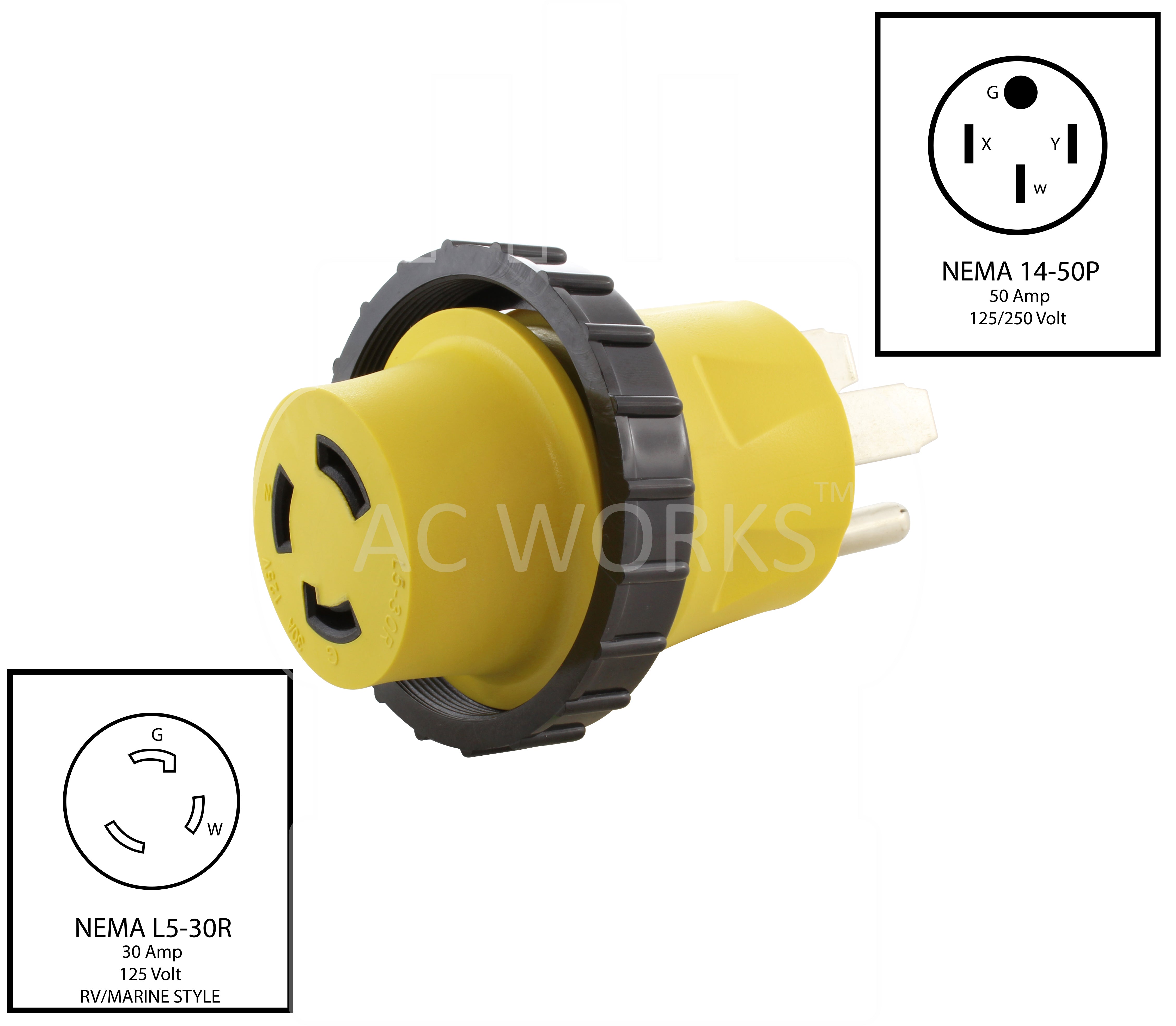 NEMA 14-50P to NEMA L5-30R, 1450 plug to L530 connector, 4-prong 50 amp plug to 3-prong 30 amp locking connector