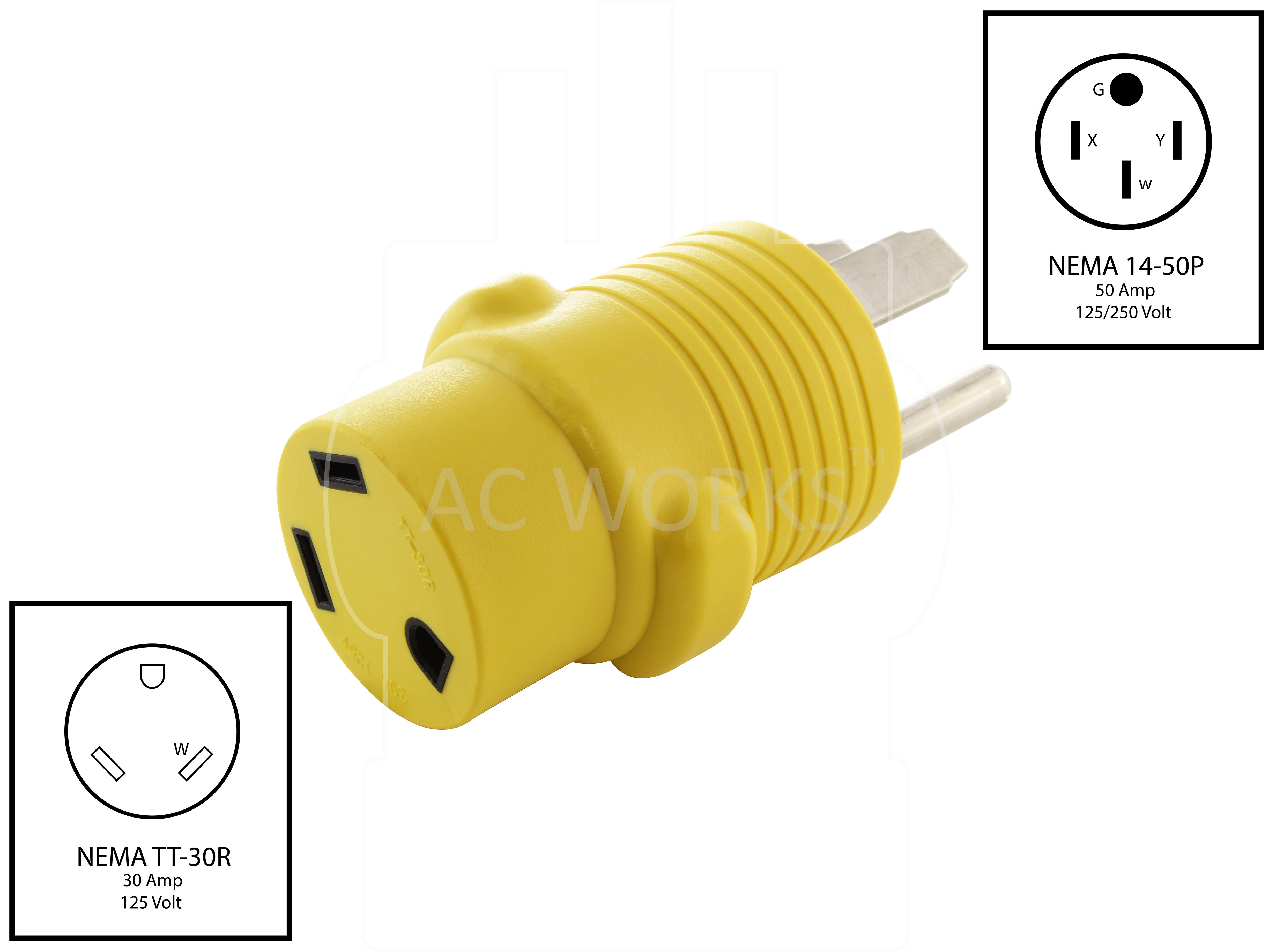 NEMA 14-50P to NEMA TT-30R, 1450 plug to TT30 connector, 4-prong 50 amp RV plug to 3-prong 30 amp RV connector