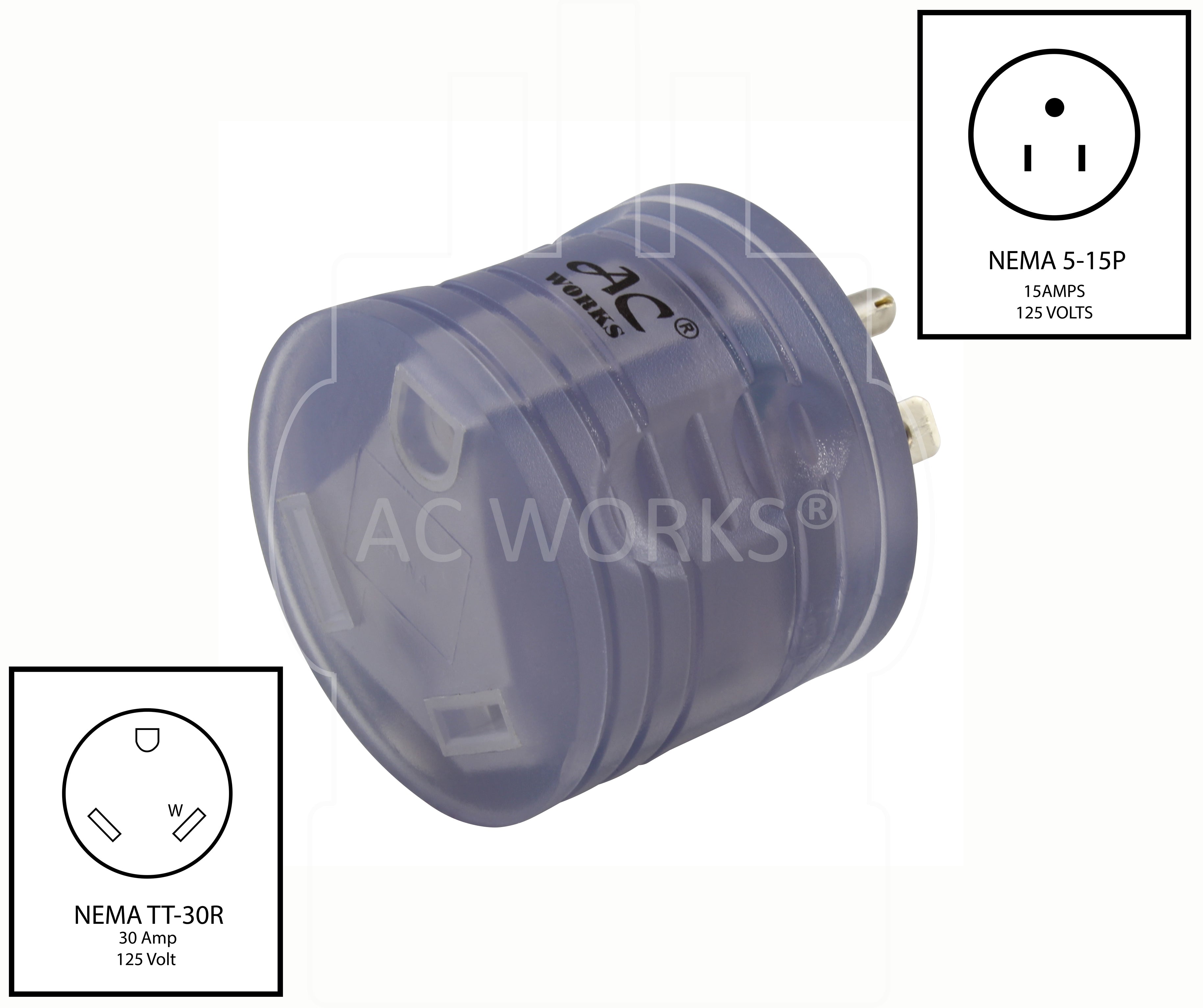 NEMA 5-15P to NEMA TT-30R, 515 male plug to TT30 female connector, household plug to 30 amp RV connector