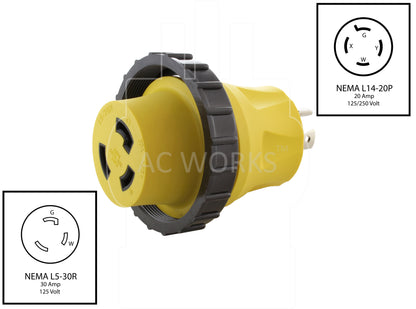 NEMA L14-20P to NEMA L5-30R, L1420 plug to L530 connector, 4-prong 20 amp locking plug to 3-prong 30 amp locking connector