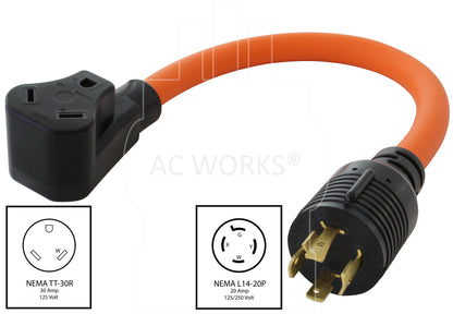 NEMA L14-20P to NEMA TT-30R flexible orange 30A RV adapter