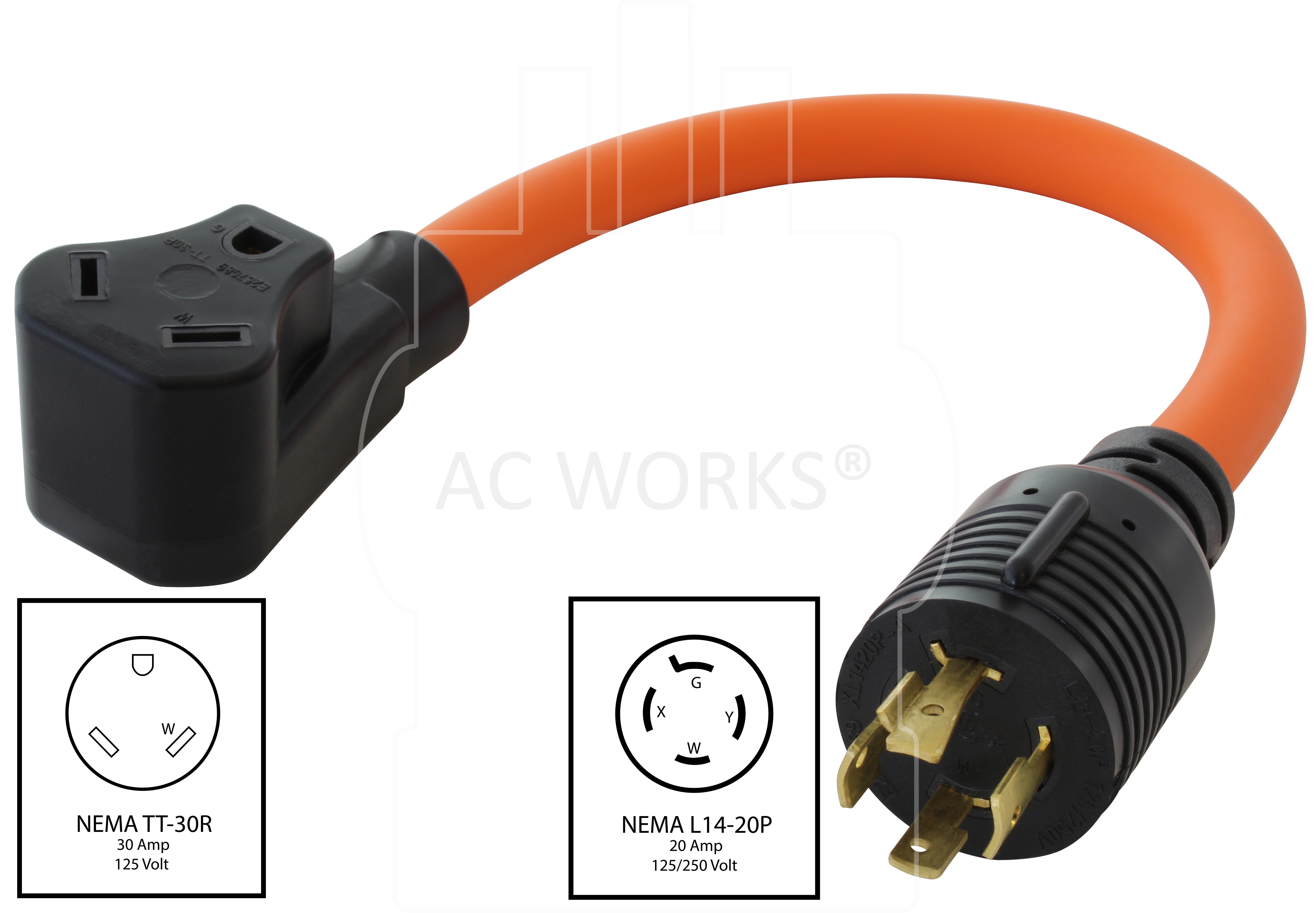 NEMA L14-20P to NEMA TT-30R flexible orange 30A RV adapter