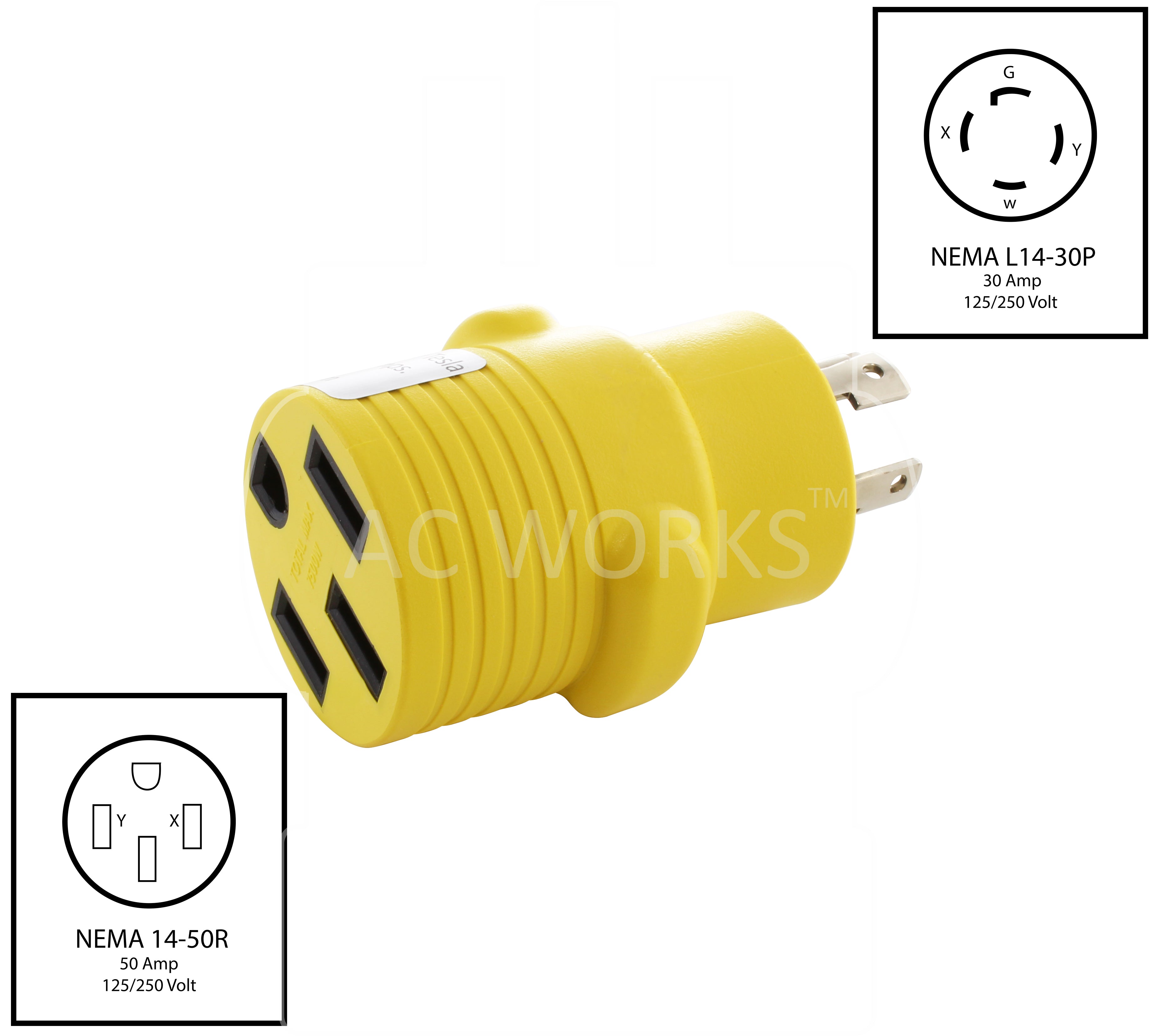 NEMA L14-30P to NEMA 14-50R, L1430 male plug to 1450 female connector, 4-prong 30 amp locking generator plug to 4-prong EV connector