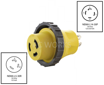 NEMA L14-30P to NEMA L5-30R, L1430 plug to L530 connector, 4-prong 30 amp locking plug to 3-prong 30 amp locking connector