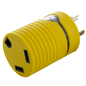 yellow RV/generator adapter with power indicator