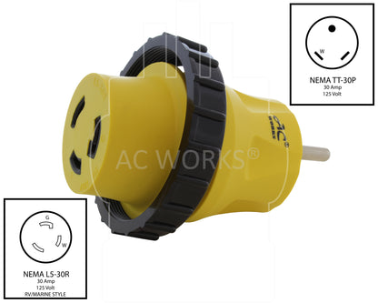 AC WORKS® [RVTTM30] RV 30A TT-30P Plug to L5-30R RV/Marine 30A Detachable Inlet Connection