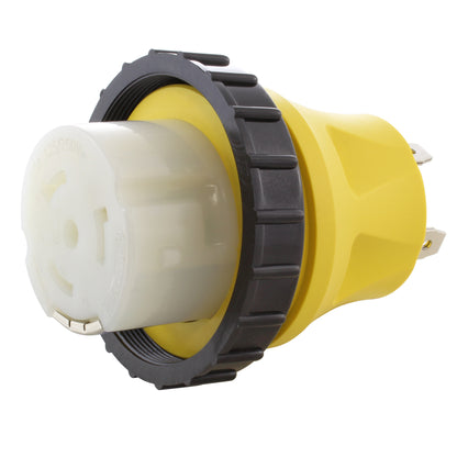 yellow adapter, AC WORKS, AC Connectors, locking adapter, RV adapter, adapter with locking ring