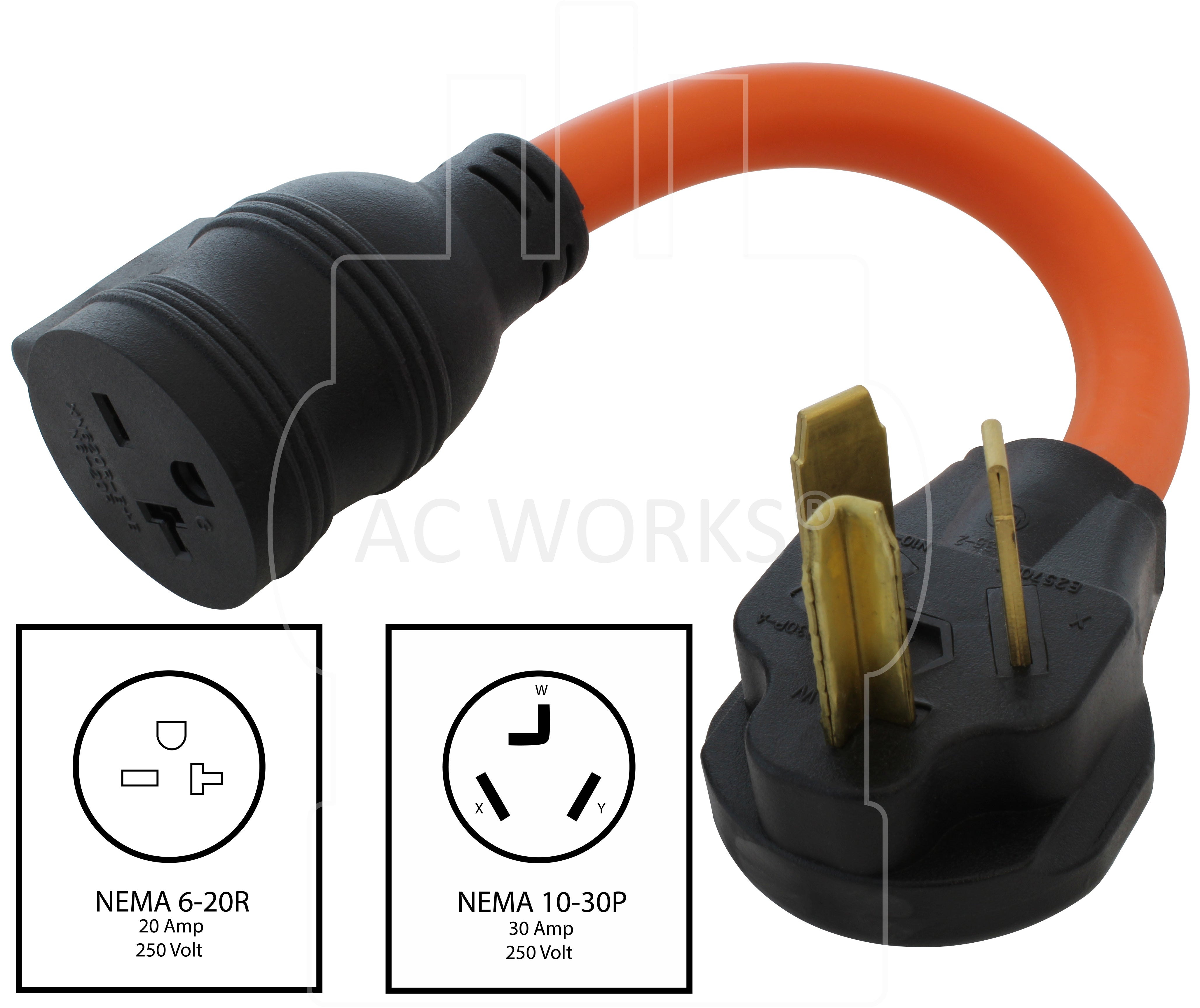 NEMA 10-30P to NEMA 6-20R 250V 20A protected adapter