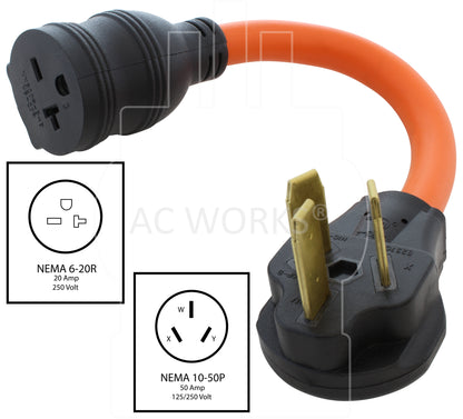 NEMA 10-50P to NEMA 6-20R 250V adapter with s0A circuit breaker