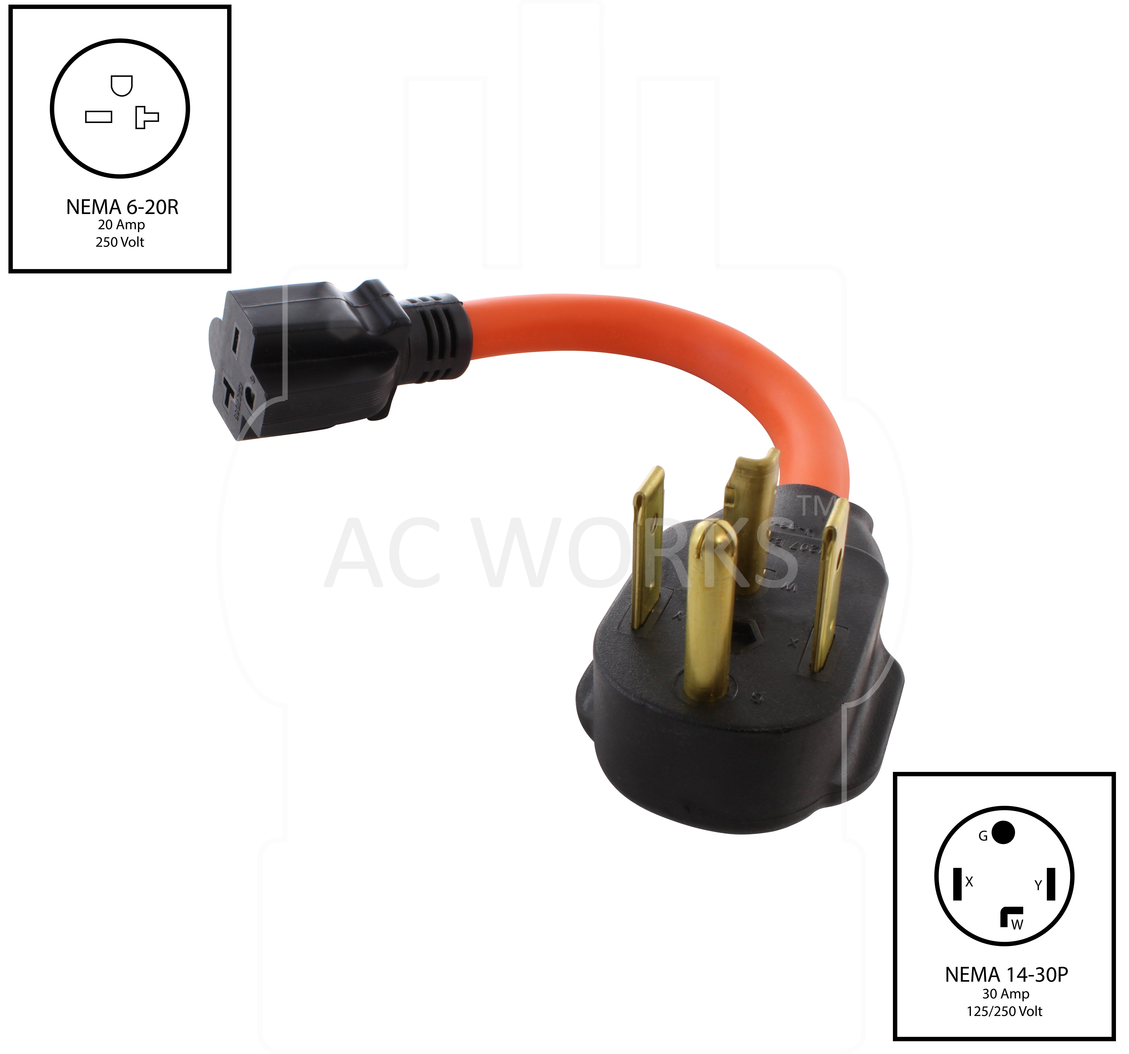 NEMA 14-30P to NEMA 6-20R, 1430 male plug to 620 female connector, 4-prong dryer plug to 20 amp HVAC/power tool connector