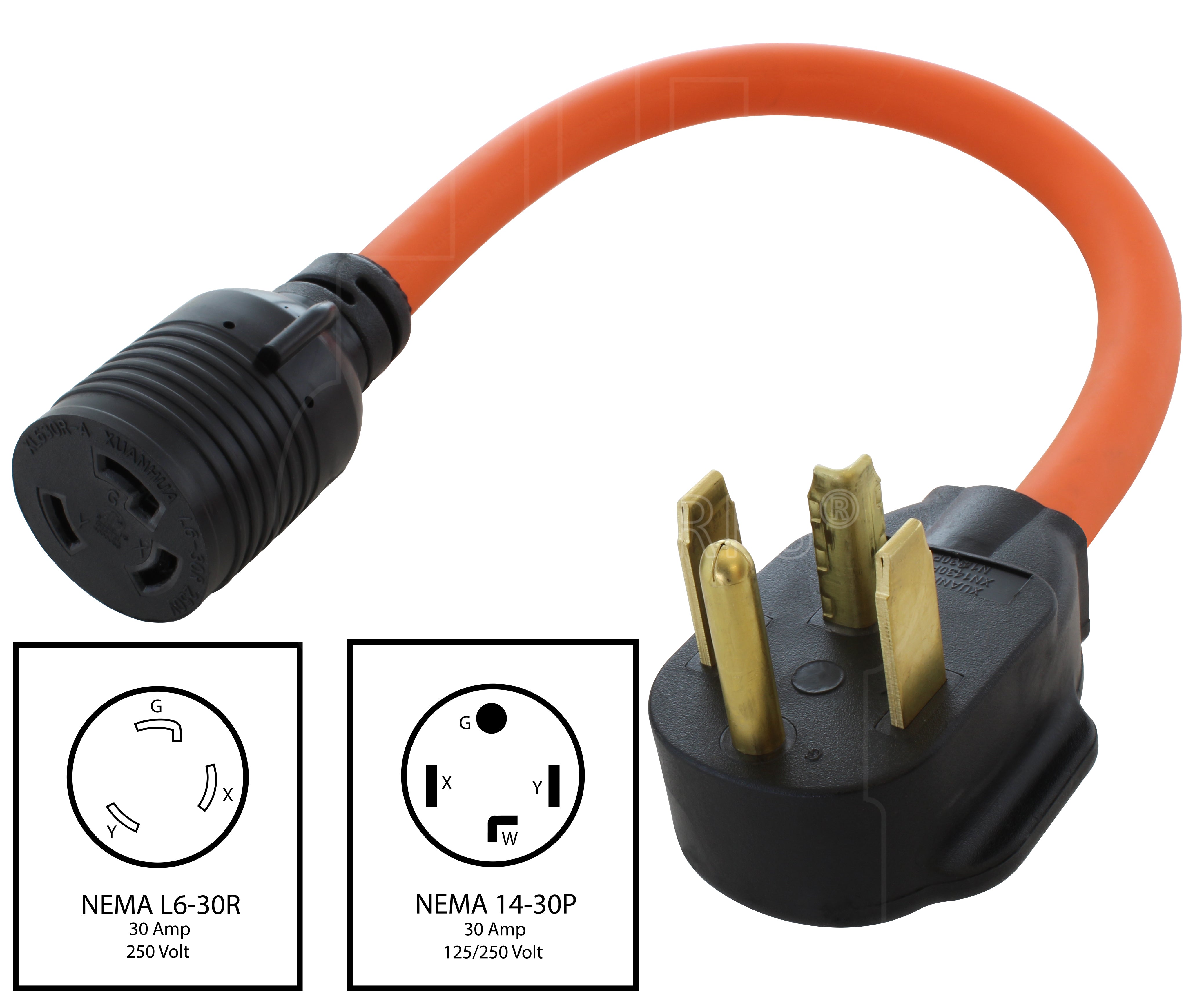 NEMA 14-30P to NEMA L6-30R 30A 250V adapter