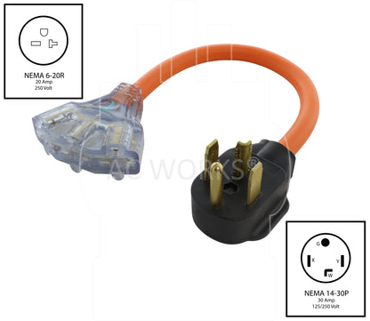 NEMA 14-30P to three NEMA 6-20R, 1430 male plug to three 620 female connectors, 4-prong dryer plug to three straight blade 250 volt connectors