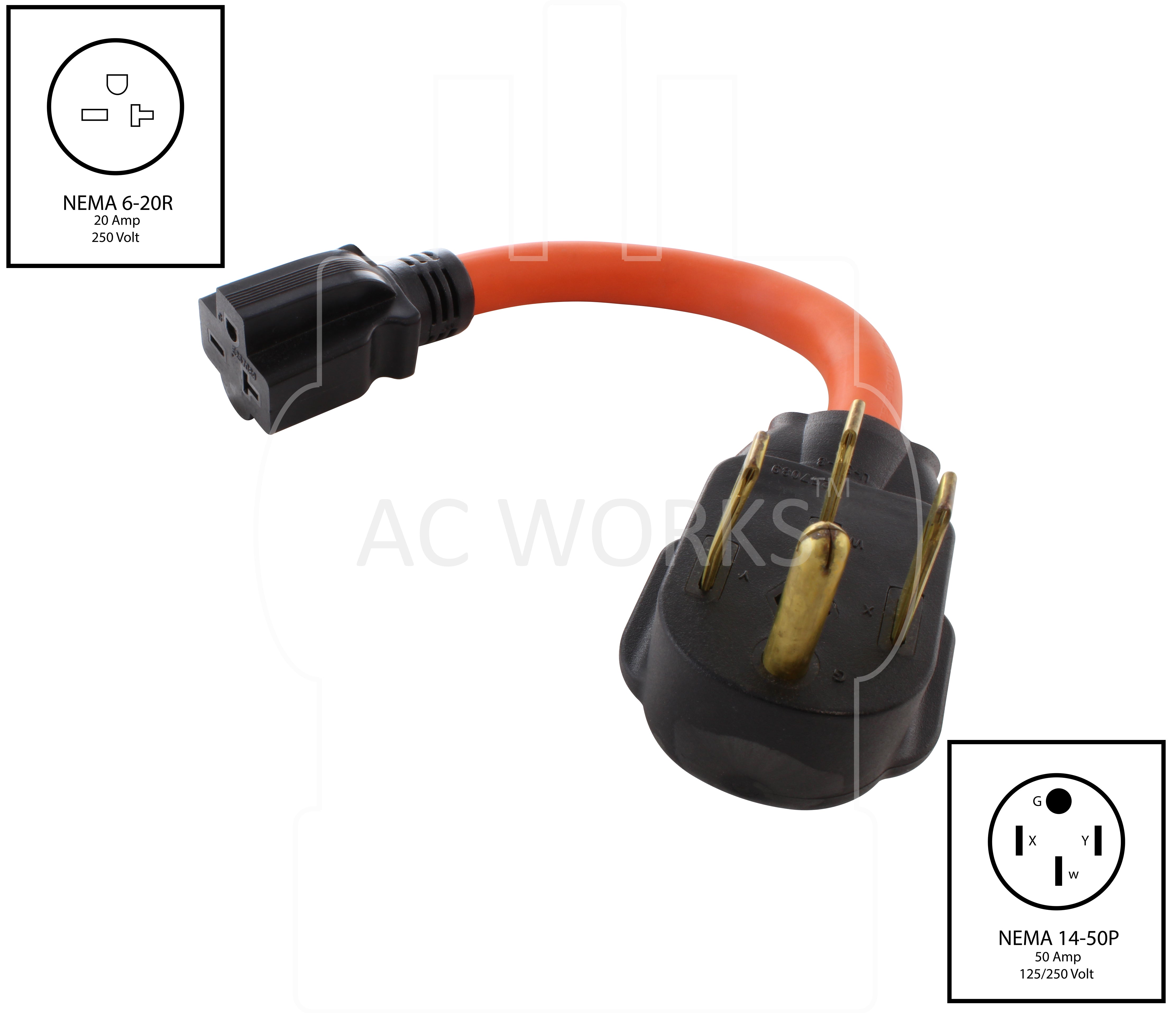 NEMA 14-50P to NEMA 6-20R, 1450 male plug to 620 female connector, 4-prong cooking range plug to HVAC/ power tool connector