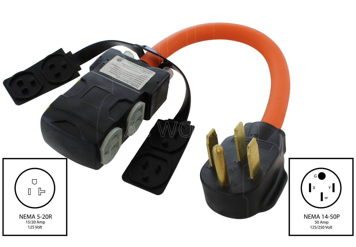 Generic 50Amp to 20 Amp 110V RV Distribution Adapter. 4 Prong NEMA 14-50P Male to 4*5-20R/5-15R Household Outlet Female with Circuit Breaker.RV Generator Adapter Cord 1.5FT.Yellow Generic 50Amp to 20 Amp 110V RV Distribution Adapter. 4 Prong NEMA 14-50P Male to 4*5-20R/5-15R Household Outlet Female with Circuit Breaker.RV Generator Adapter Cord 1.5FT.Yellow