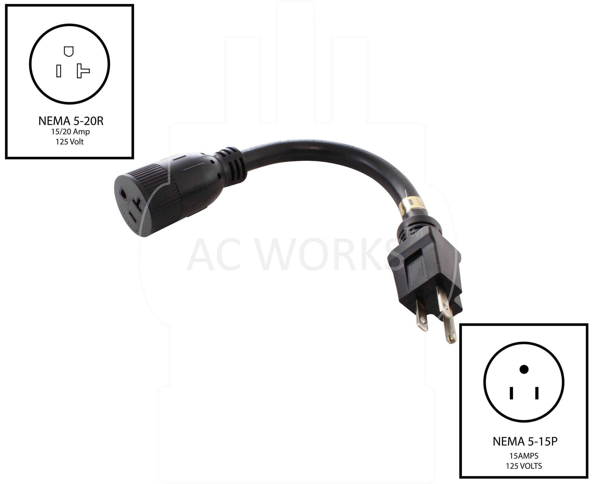 AC WORKS NEMA 5 15P To NEMA 5 15 20P T blade Adapter AC Connectors ac-works-nema-5-15p-to-nema-5-15-20p-t-blade-adapter-ac-connectors
