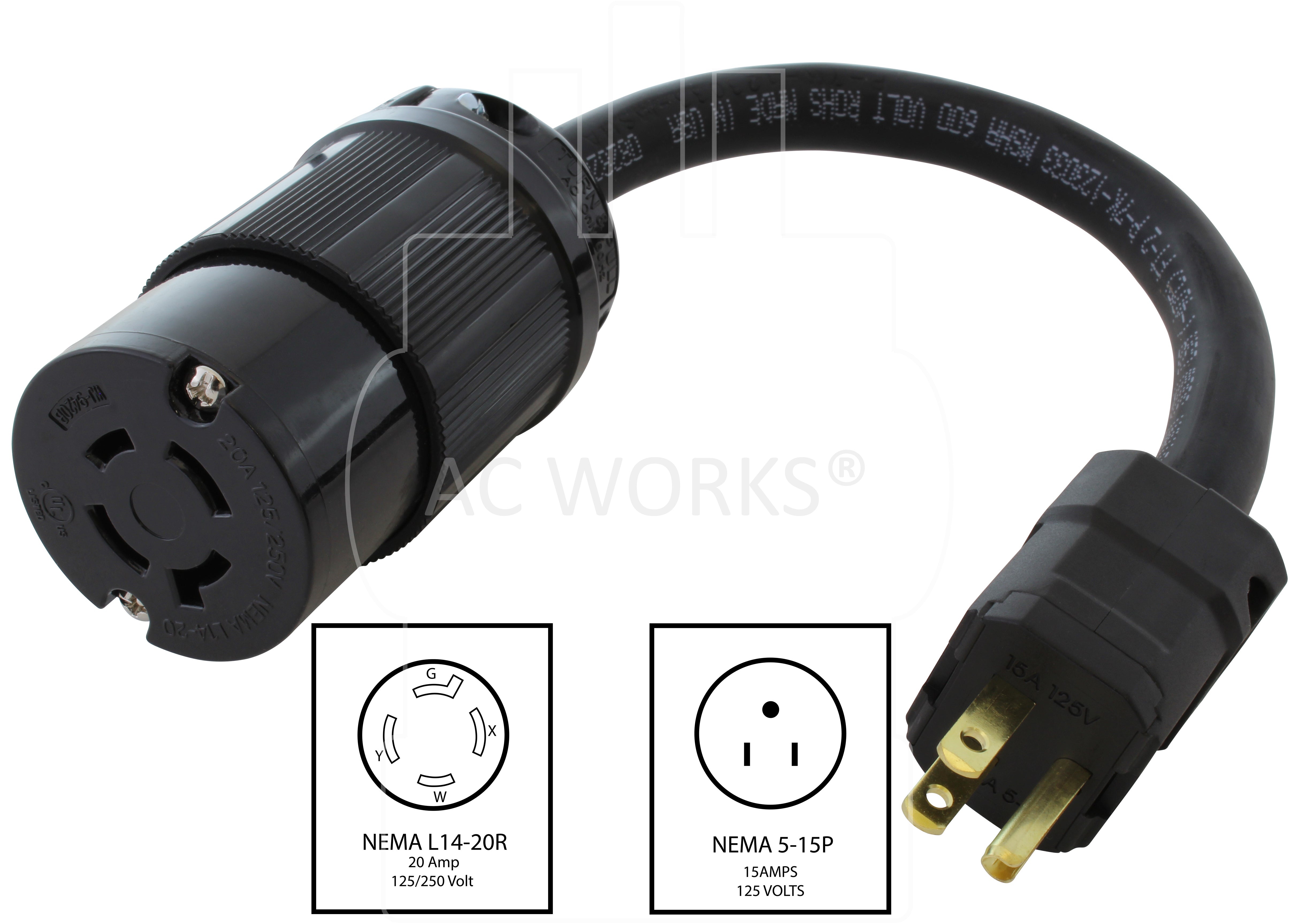 NEMA 5-15P to NEMA L14-20R 1ft adapter