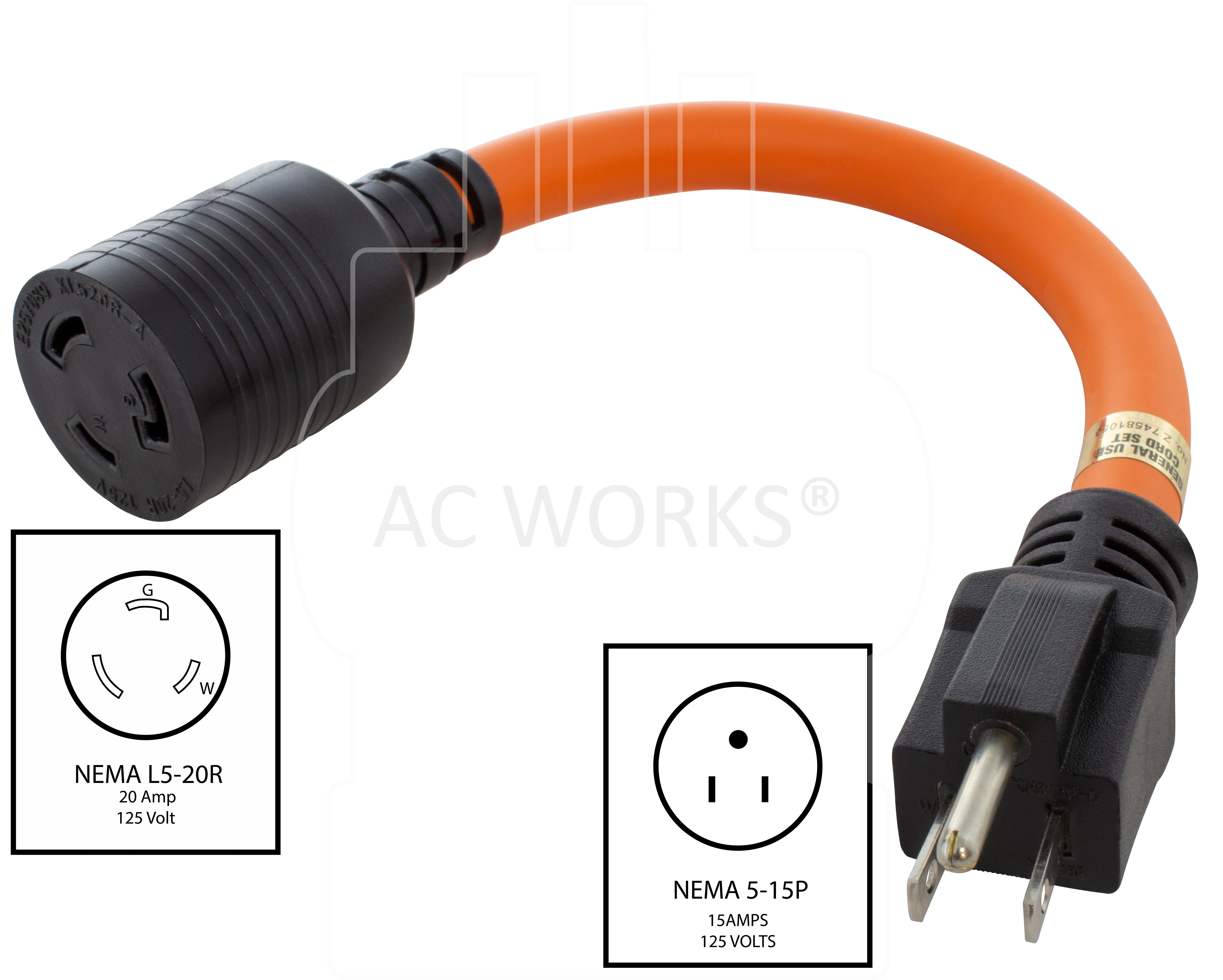 NEMA 5-15P to NEMA L5-20R 3-prong adapter cord