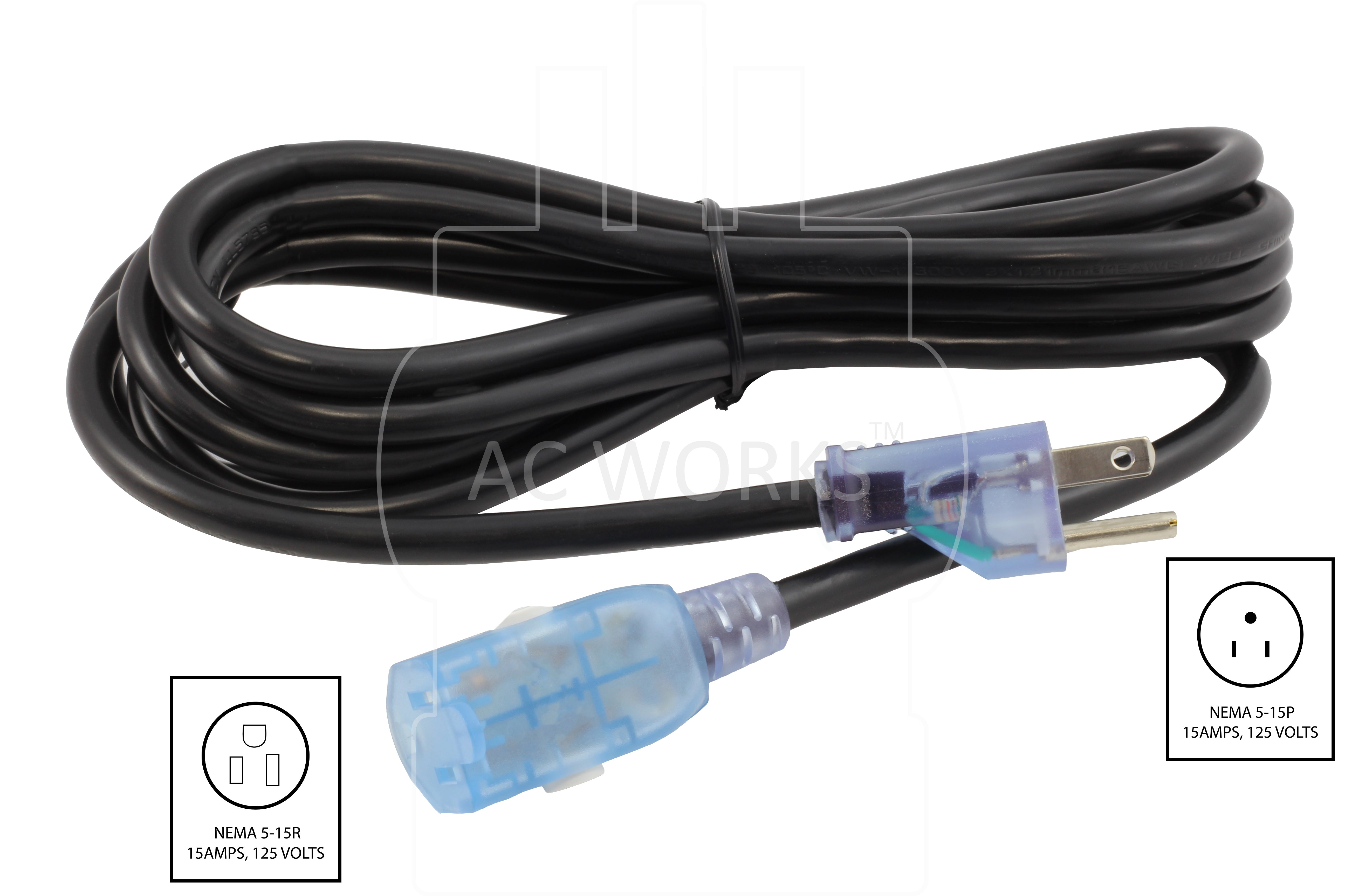 AC Works Brand, AC Connectors, NEMA 5-15P to NEMA 5-15R, extension cord with household plug and connector