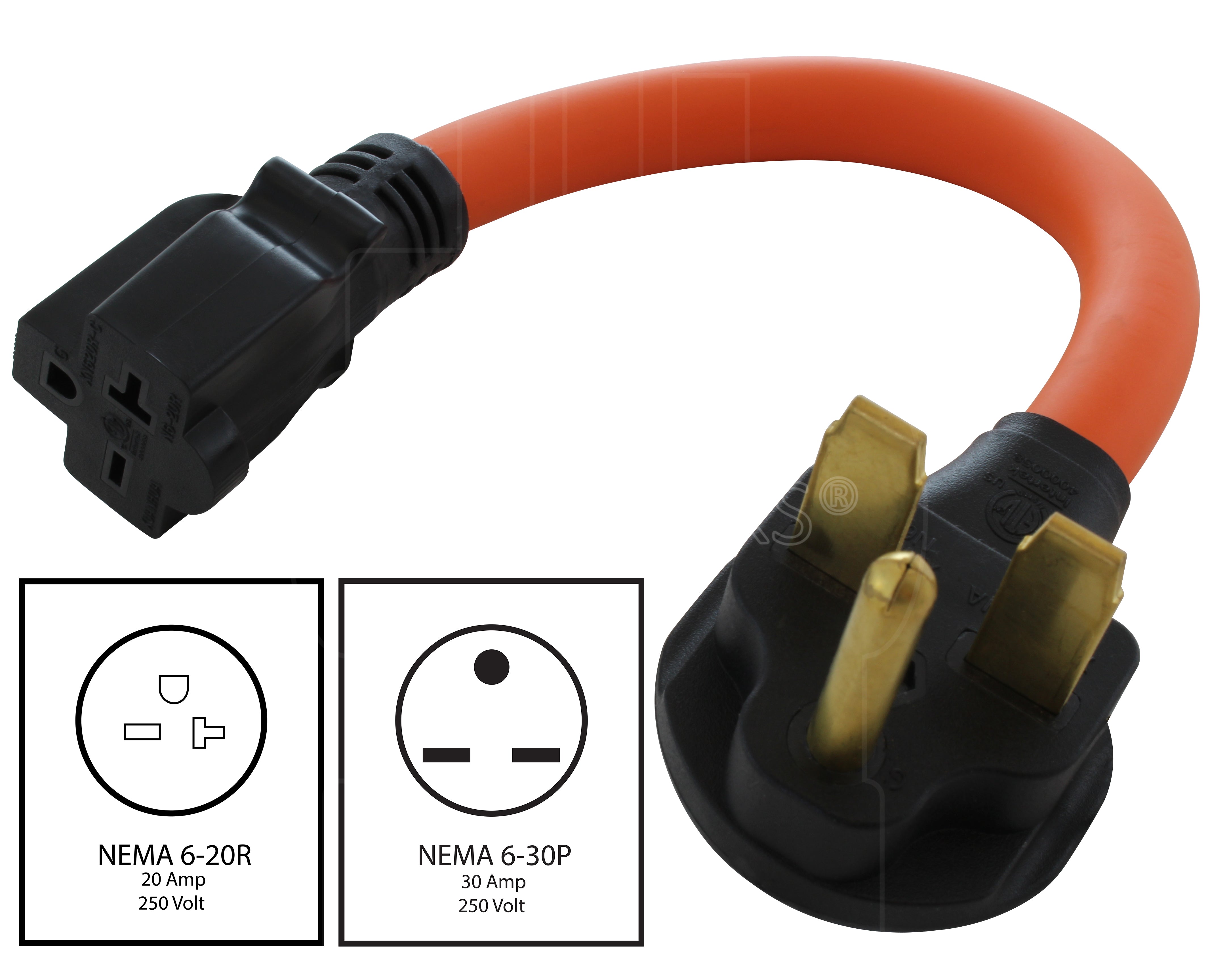 1FT 30A 3-Prong 6-30P Commercial HVAC Plug to 6-15/20 20A 250V