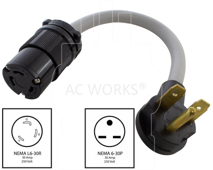 NEMA 6-30P to NEMA L6-30R, 630 male plug to L630 female connector, straight blade to locking 30 amp adapter