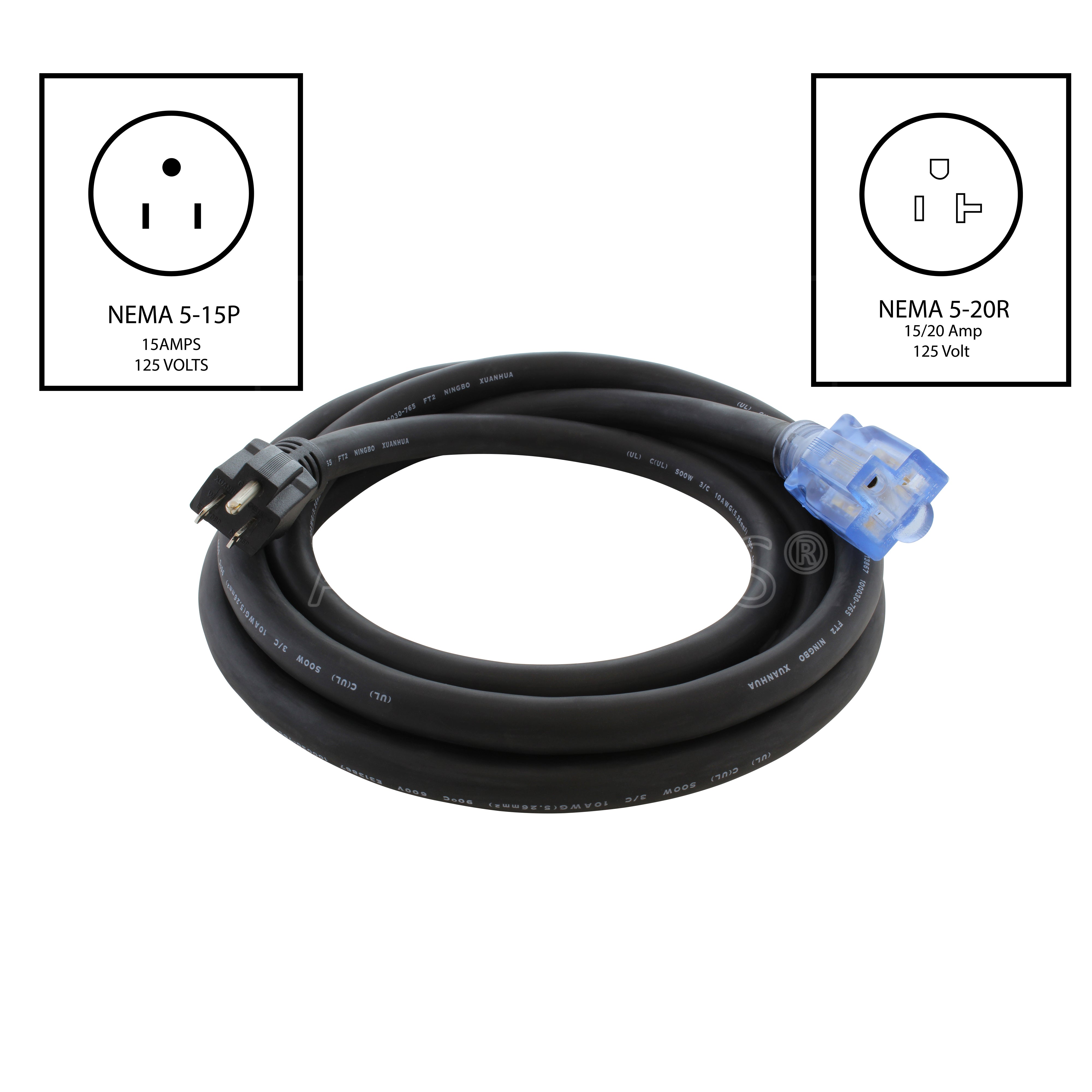 AC WORKS® [SD515520] SOOW 10 Gauge NEMA 5-15P to NEMA 5-20R 15/20A Super Duty Rubber Extension Cord