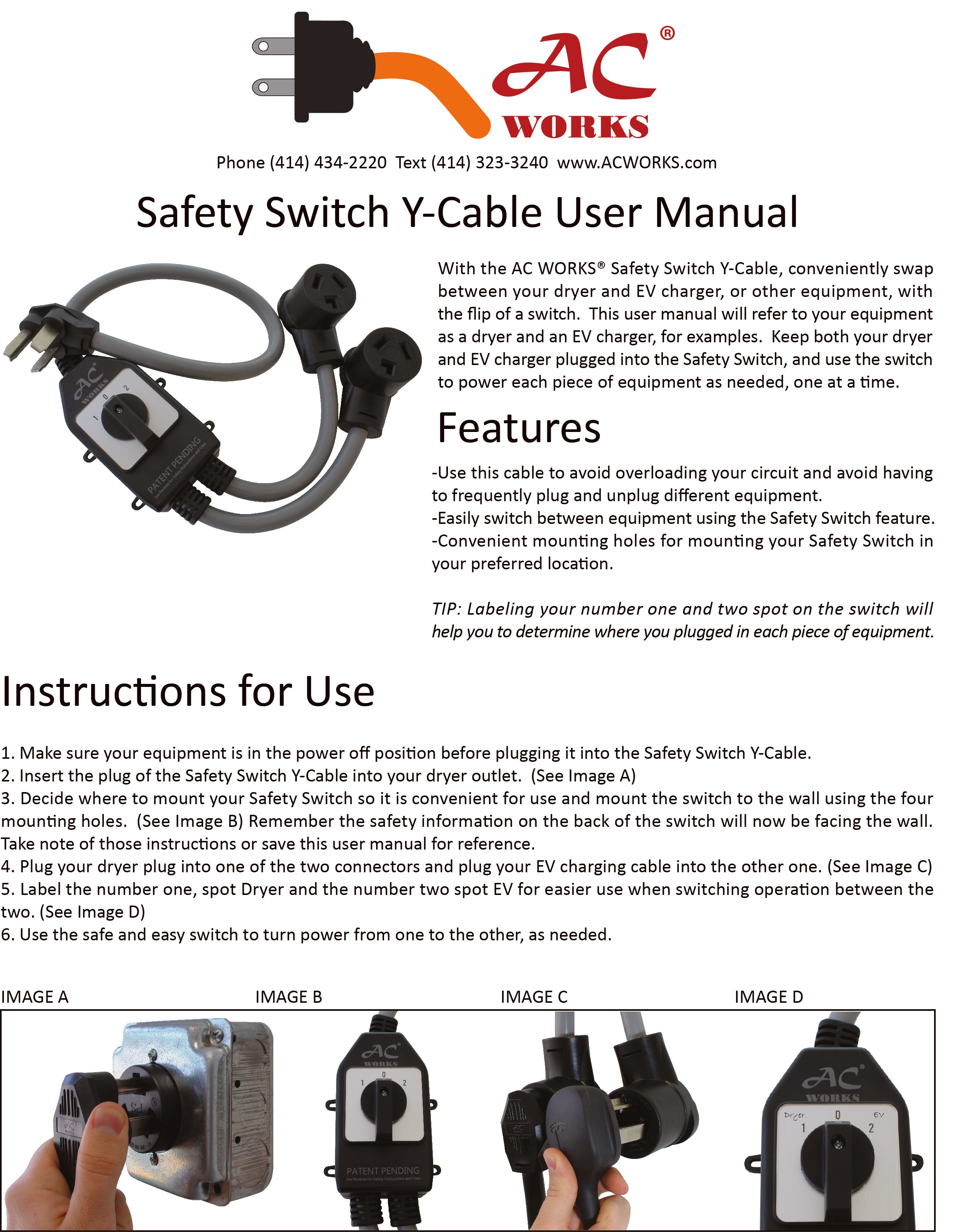NEMA 10-30 to two (2) NEMA 10-30 Safety Switch Y-Cable Adapter