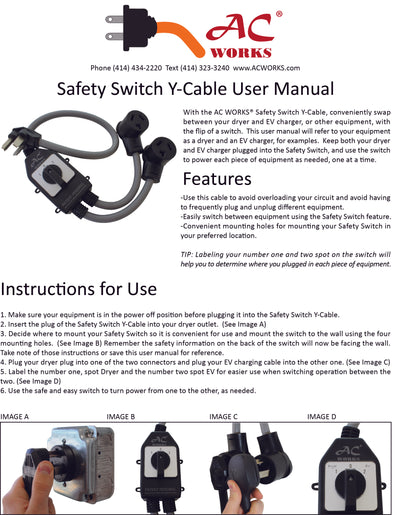 AC WORKS® [EVY1030SW-036] Safety Switch Y-Cable 30A 3-Prong Dryer Plug to (2) 3-Prong Dryer Connectors
