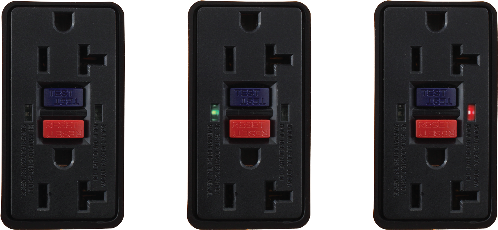 GFCI Status Indicator Lights, Red, Green, self-test, TEST, RESET