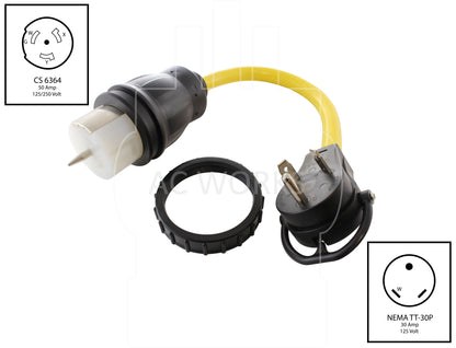 NEMA TT-30P to CS6364, TT30 male plug to CS6364 female connector, 30 amp travel trailer plug to California Standard 6364 connector