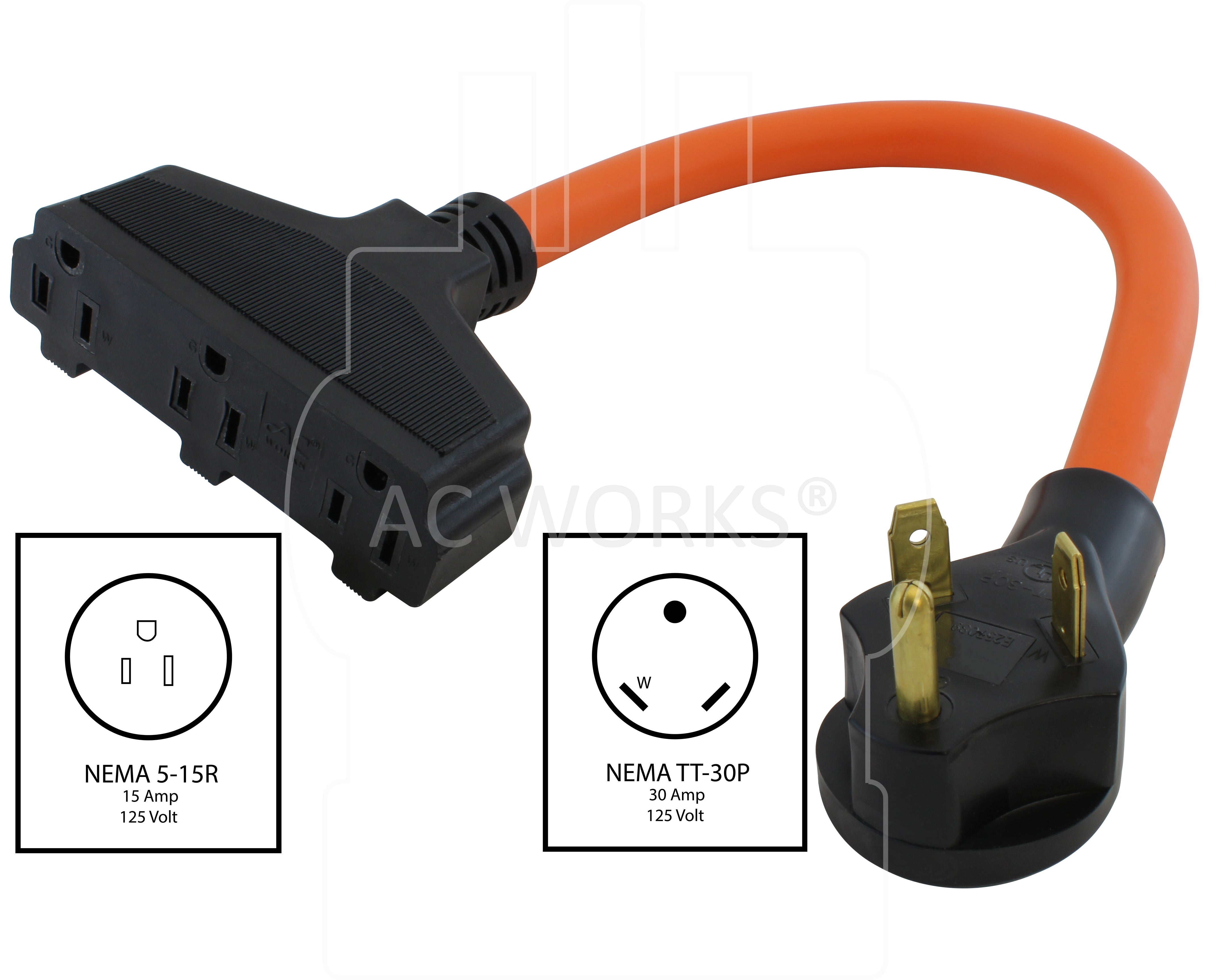 AC WORKS® TT-30P RV/Generator 30A Plug to Lighted Tri-Outlets 5