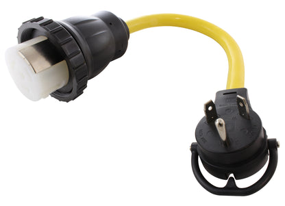 yellow flexible adapter, AC WORKS brand RV adapter, 50 amp Rv to 30 amp connection