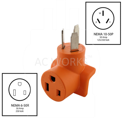 NEMA 10-50P to NEMA 6-50R, 1050 male plug to 650 female connector, old style welder plug to new style welder connector, 50 amp welder adapter