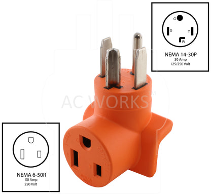 NEMA 14-30P to NEMA 6-50R, 1430 plug to 650 connector, 4-prong dryer plug to 3-prong 50 amp welder connector