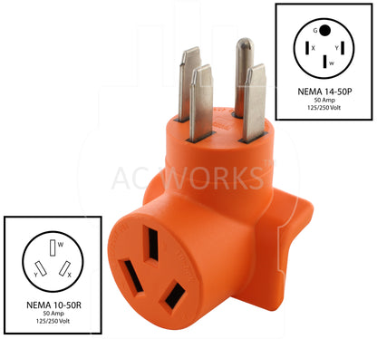 NEMA 14-50P to NEMA 10-50R, 1450 plug to 1050 connector, 50 amp generator plug to 50 amp old style welder connector