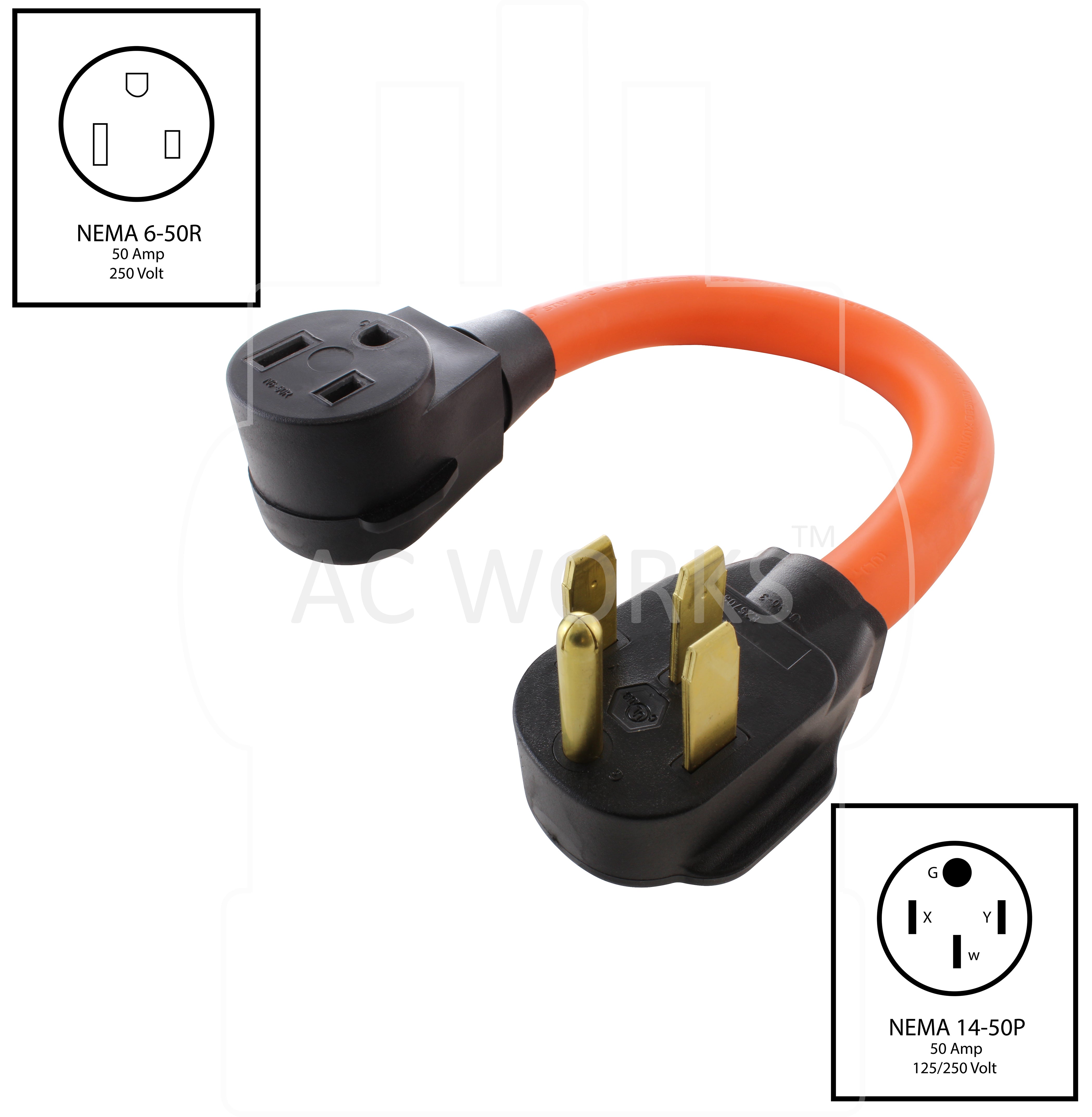 NEMA 14-50P to NEMA 6-50R, 1450 male plug to 650 female connector, 4-prong cooking range plug to 3-prong welder connection, 4-prong 50 amp welder plug to 650 welder connection